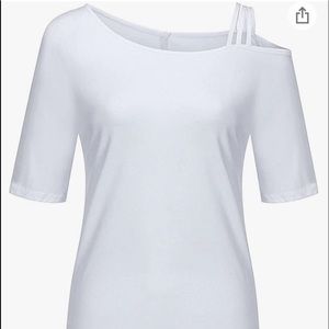 Cold shoulder cut out sold color crew neck white shirt